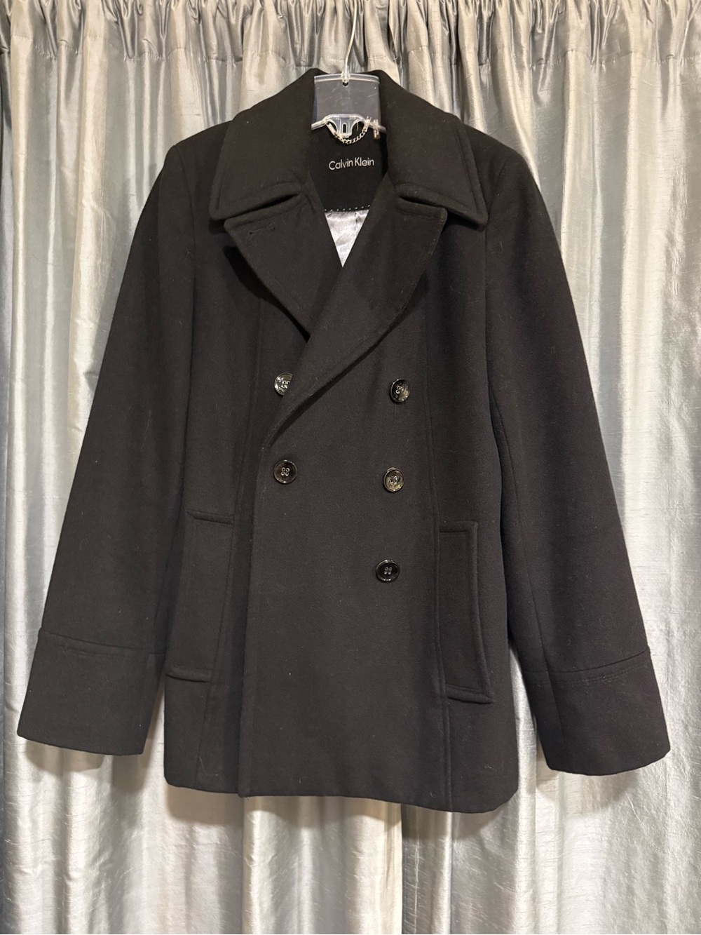Calvin Klein Black Double-Breasted Wool Pea Coat